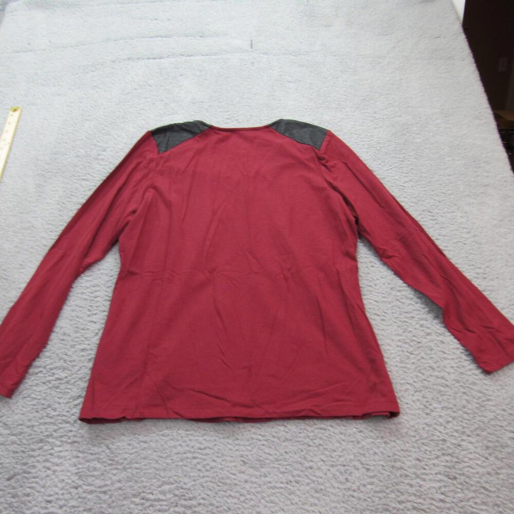 Denim & Co‎ Shirt Womens Medium Red Black Faux Leather Shoulder Long Sleeve Top - Picture 6 of 9